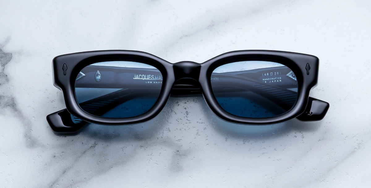Rechteckige Jacques Marie Mage Whiskeyclone Mystique - Luxussonnenbrille mit schwarzem Rahmen und blauen Gläsern