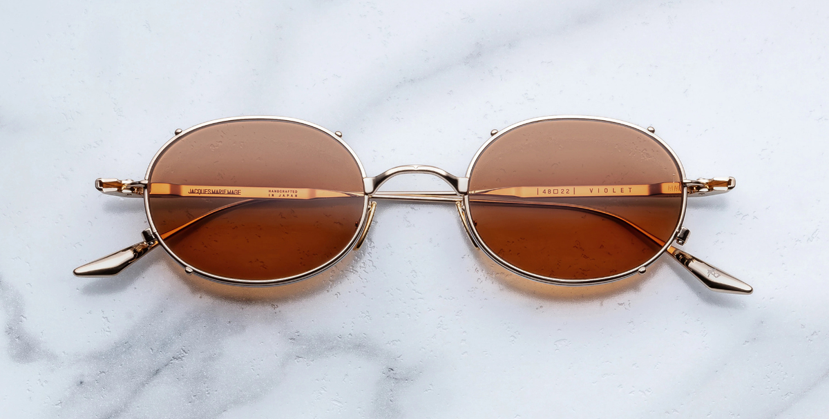 Ovale Jacques Marie Mage Violet | Darjeeling Sonnenbrille in Gold &amp; Silber - limitierte, handgefertigte Luxusbrille