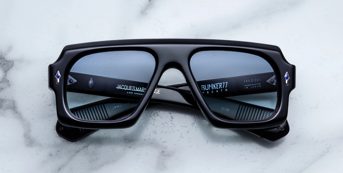 Eckige Jacques Marie Mage Decato | Bunker77 | Regal - Luxussonnenbrille mit schwarzem Rahmen und blauen Gläsern