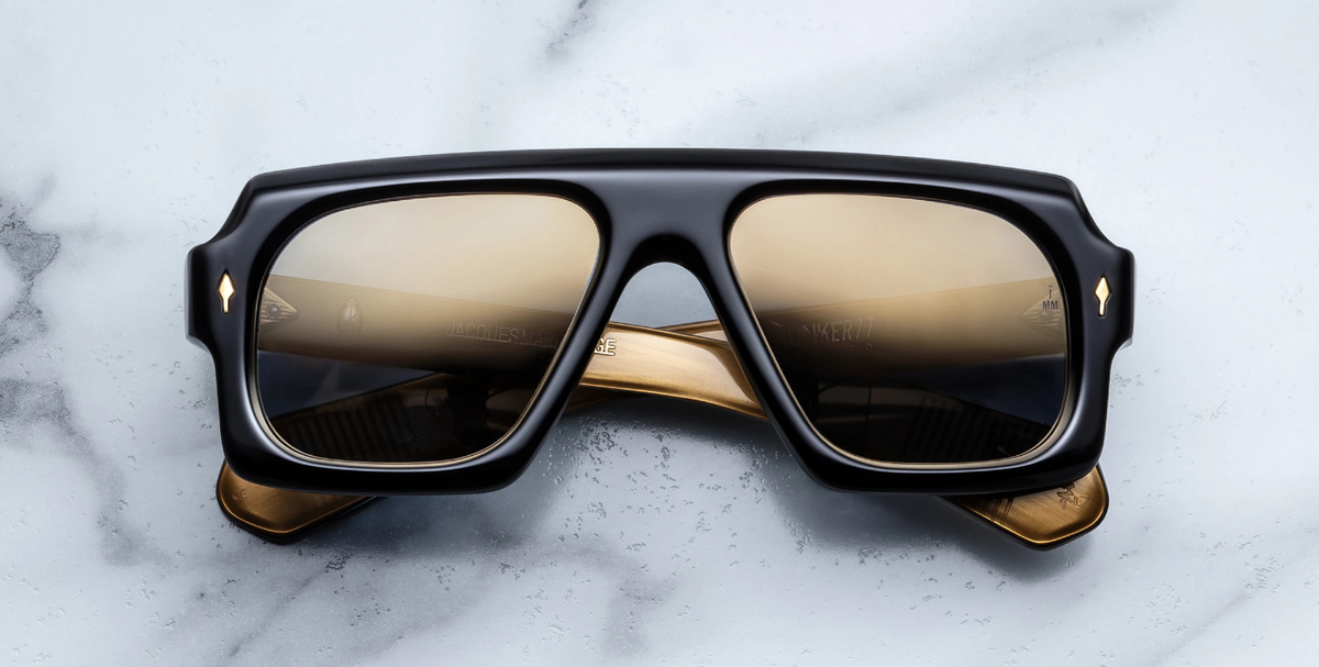 Eckige Jacques Marie Mage Decato | Bunker77 | Sunset Tower - Luxussonnenbrille mit schwarzem Rahmen und grau-goldenen Gläsern