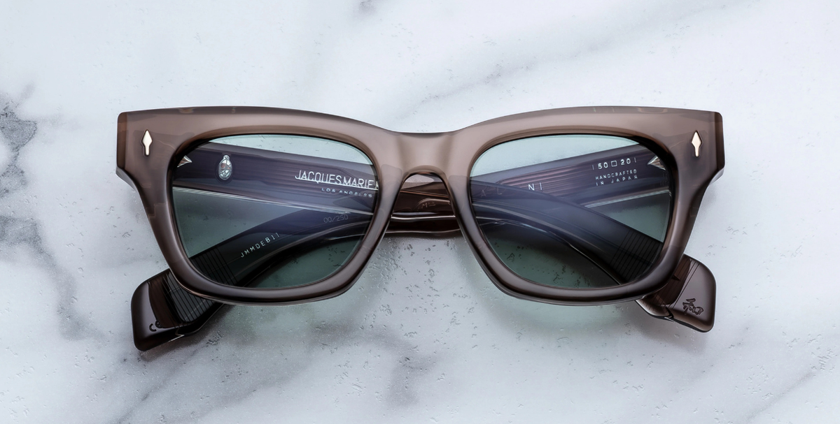 Eckige JMM Dealan Dusty Jade - Luxussonnenbrille in Braun mit grünen Gläsern in limitierter Auflage, handgefertigt in Japan