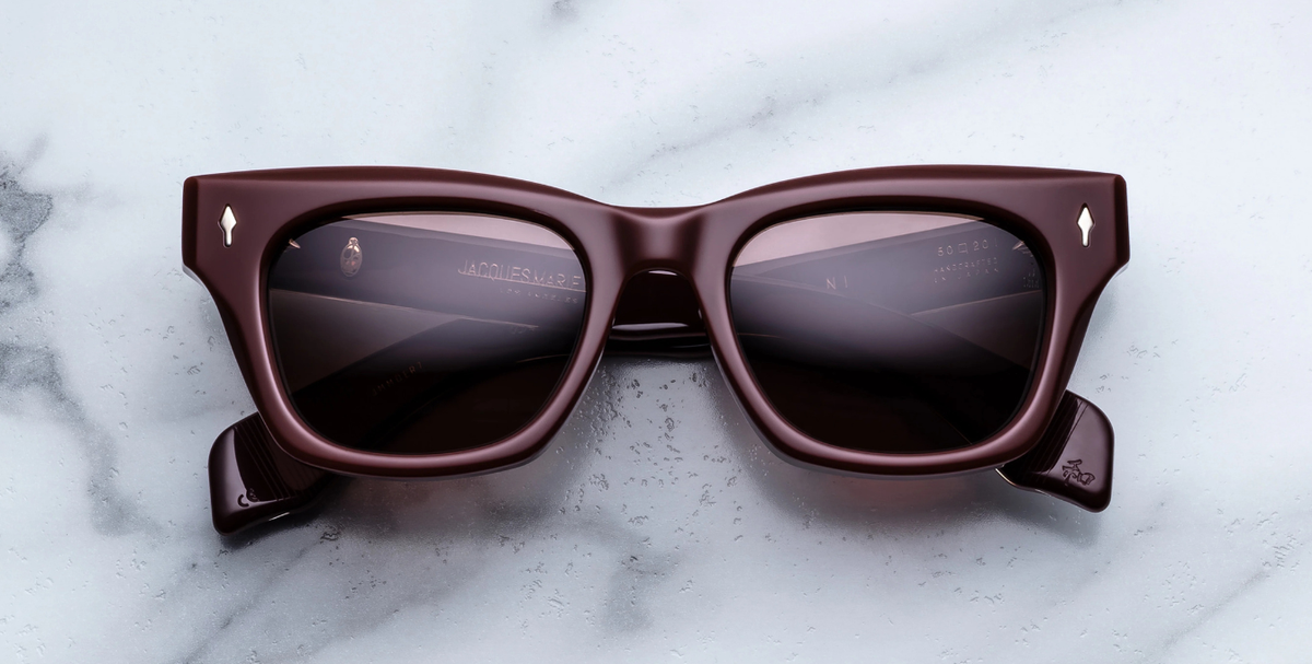 Eckige JMM Dealan Bordeaux Empire - Luxussonnenbrille in Rot mit braunen Gläsern in limitierter Auflage, handgefertigt in Japan