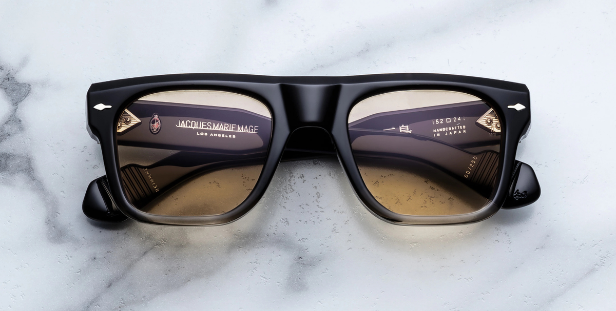 Eckige JMM Mishima Black Fade - Luxussonnenbrille in Schwarz mit gelben Gläsern in limitierter Auflage, handgefertigt in Japan
