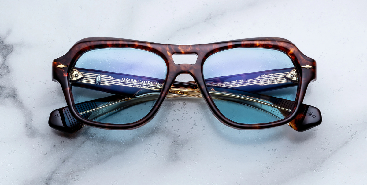 Jacques Marie Mage Tamerlis Argyle - Luxus-Sonnenbrille handgefertigt in Japan mit braunem Rahmen und blauen Gläsern