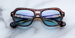 Jacques Marie Mage Tamerlis Argyle - Luxus-Sonnenbrille handgefertigt in Japan mit braunem Rahmen und blauen Gläsern