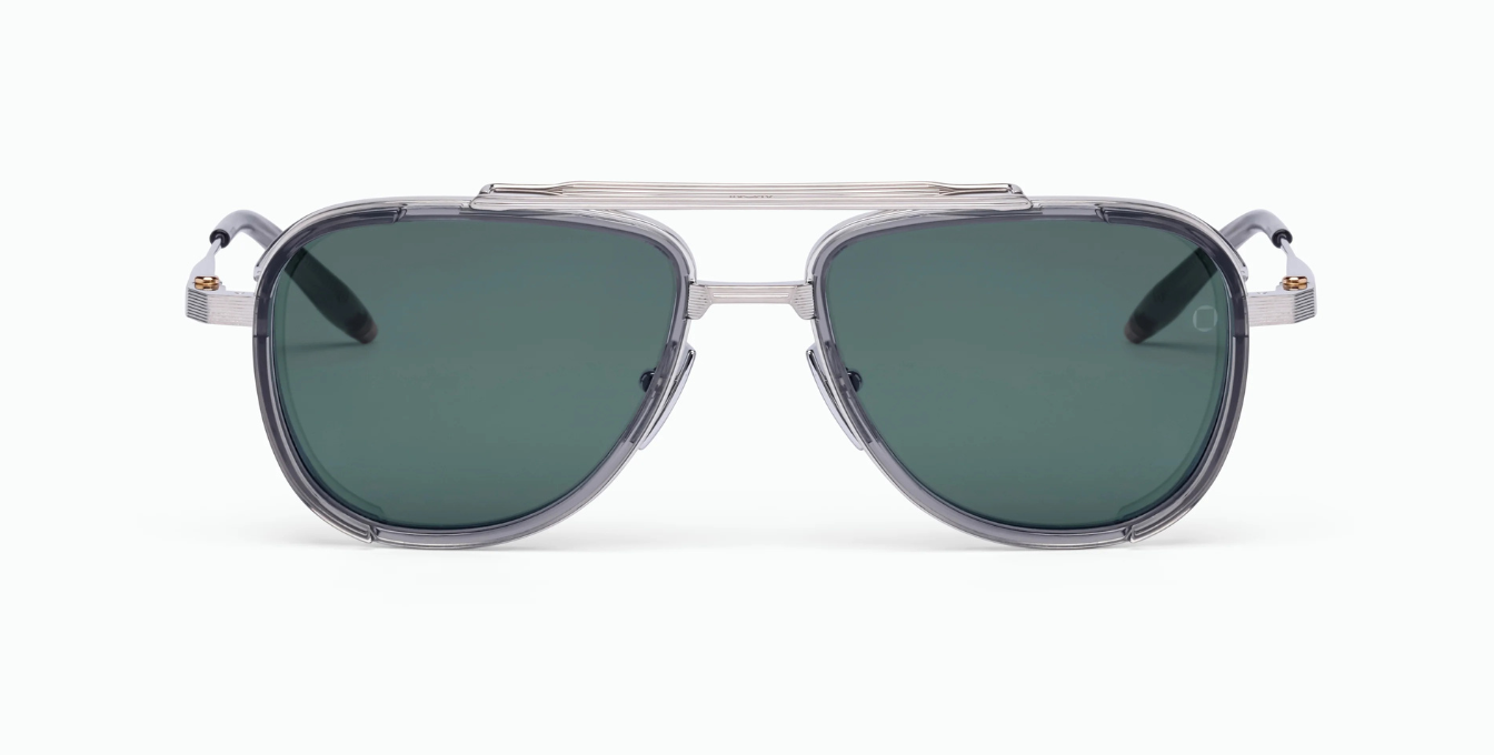 Akoni Spitzer Brushed Shiny Palladium - Luxus-Sonnenbrille aus Japan in Silber mit grünen Gläsern