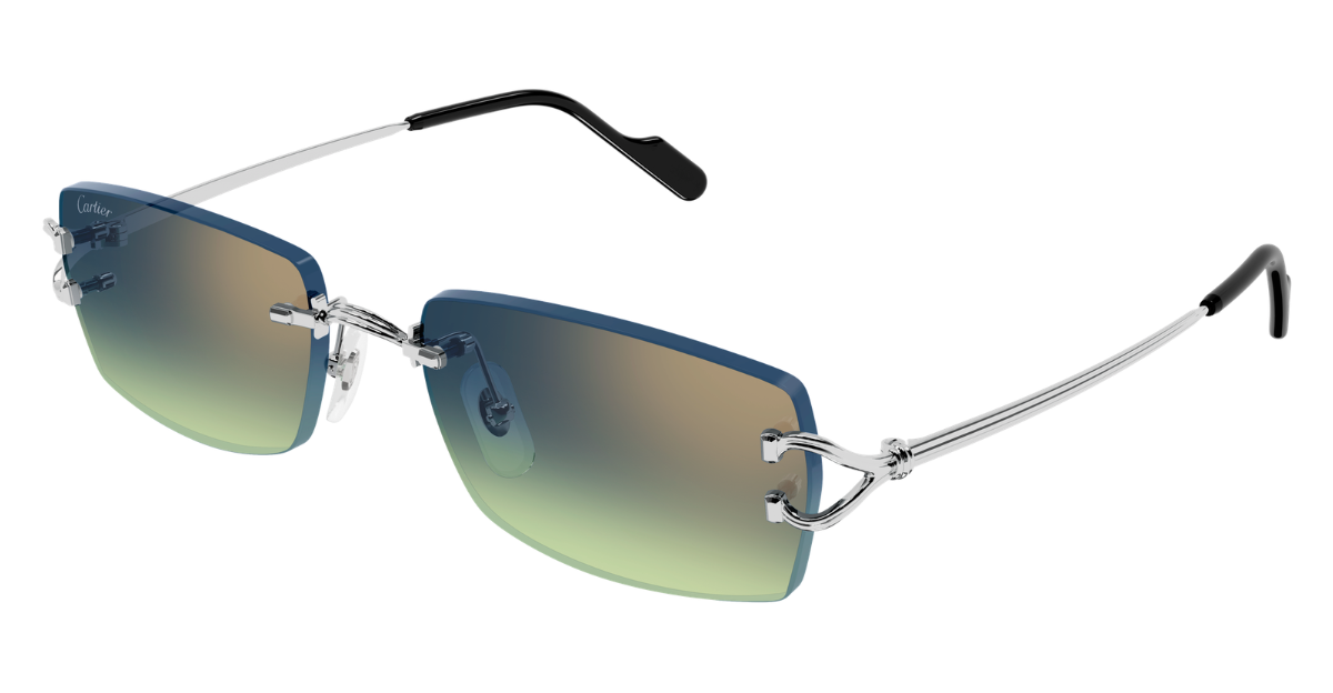 Cartier CT0550S 008 Rahmenlose Luxus-Sonnebrille in Silber mit blauen Gläsern