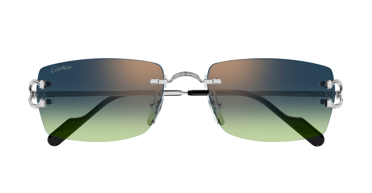 Cartier CT0550S 008 Rahmenlose Luxus-Sonnebrille in Silber mit blauen Gläsern