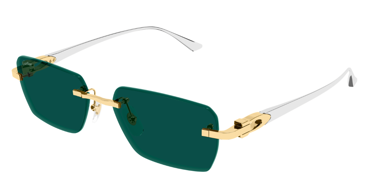 Eckige Cartier CT0660S | Décor C | 002 Rahmenlose Luxus-Sonnebrille in Gold und silber mit grünen Gläsern
