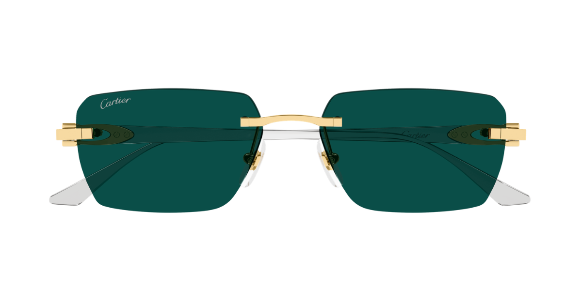 Eckige Cartier CT0660S | Décor C | 002 Rahmenlose Luxus-Sonnebrille in Gold und silber mit grünen Gläsern
