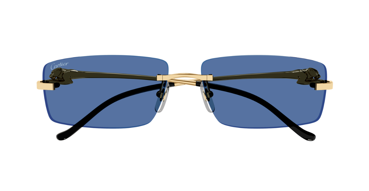 Rechteckige Cartier CT0430S | 004 Luxussonnenbrille in Gold mit blauen Gläsern, hergestellt in Italien