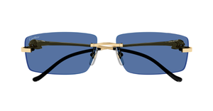 Rechteckige Cartier CT0430S | 004 Luxussonnenbrille in Gold mit blauen Gläsern, hergestellt in Italien