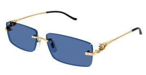 Rechteckige Cartier CT0430S | 004 Luxussonnenbrille in Gold mit blauen Gläsern, hergestellt in Italien