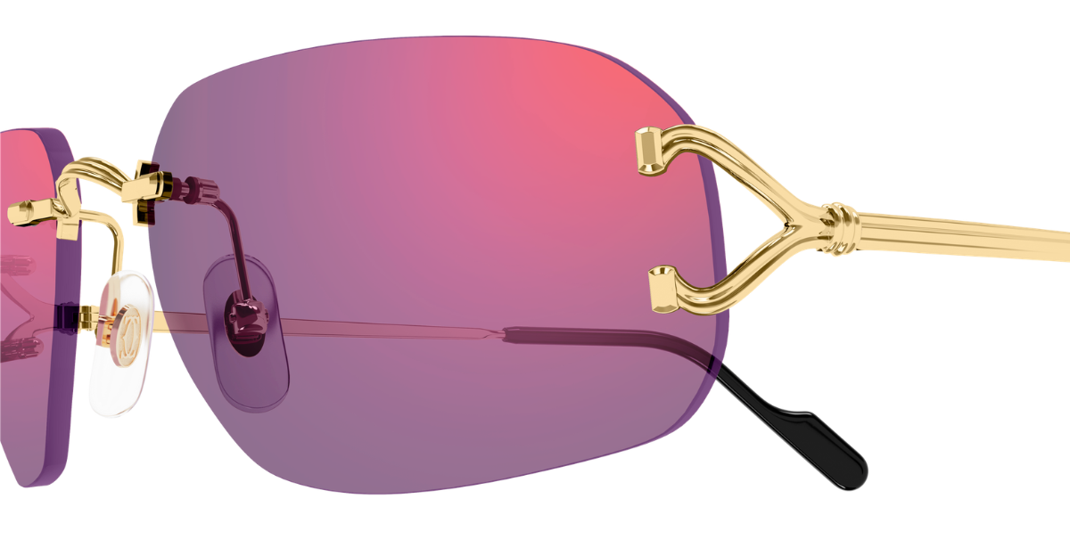 Eckige Cartier CT0663S | Décor C | 003 Rahmenlose Luxus-Sonnebrille in Gold mit violetten Gläsern