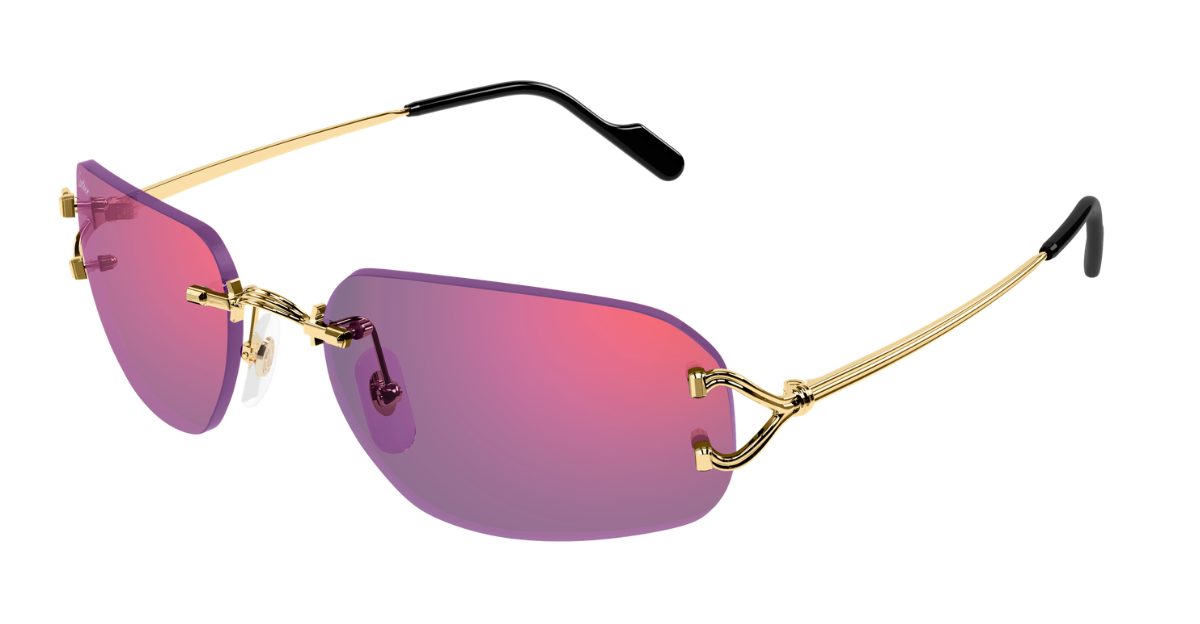 Eckige Cartier CT0663S | Décor C | 003 Rahmenlose Luxus-Sonnebrille in Gold mit violetten Gläsern