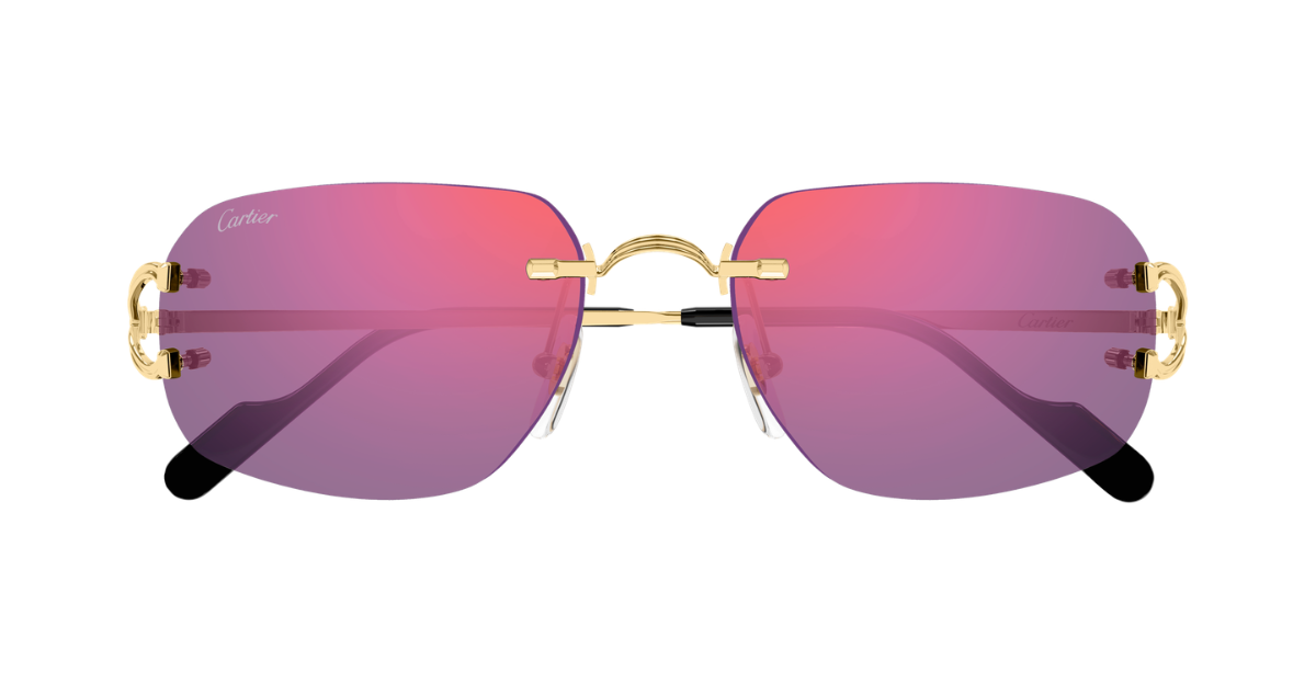 Eckige Cartier CT0663S | Décor C | 003 Rahmenlose Luxus-Sonnebrille in Gold mit violetten Gläsern