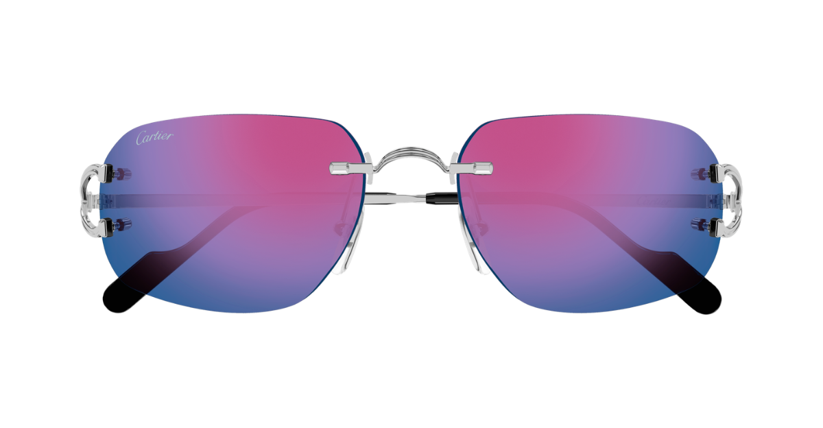 Eckige Cartier CT0663S | Décor C | 004 Rahmenlose Luxus-Sonnebrille in Silber mit blauen Gläsern