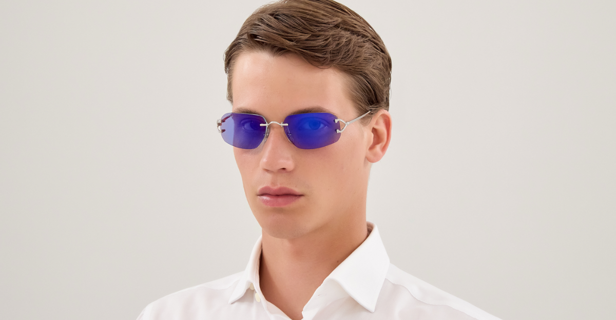 Eckige Cartier CT0663S | Décor C | 004 Rahmenlose Luxus-Sonnebrille in Silber mit blauen Gläsern