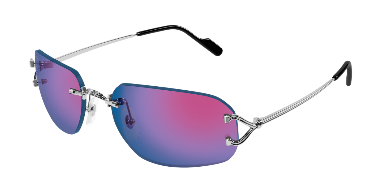 Eckige Cartier CT0663S | Décor C | 004 Rahmenlose Luxus-Sonnebrille in Silber mit blauen Gläsern