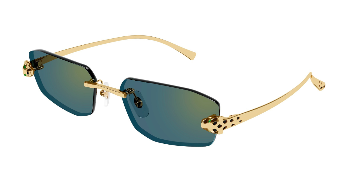Cartier CT0474S | 003 Eckige Luxussonnenbrille mit goldenem Rahmen und grünen Gläsern