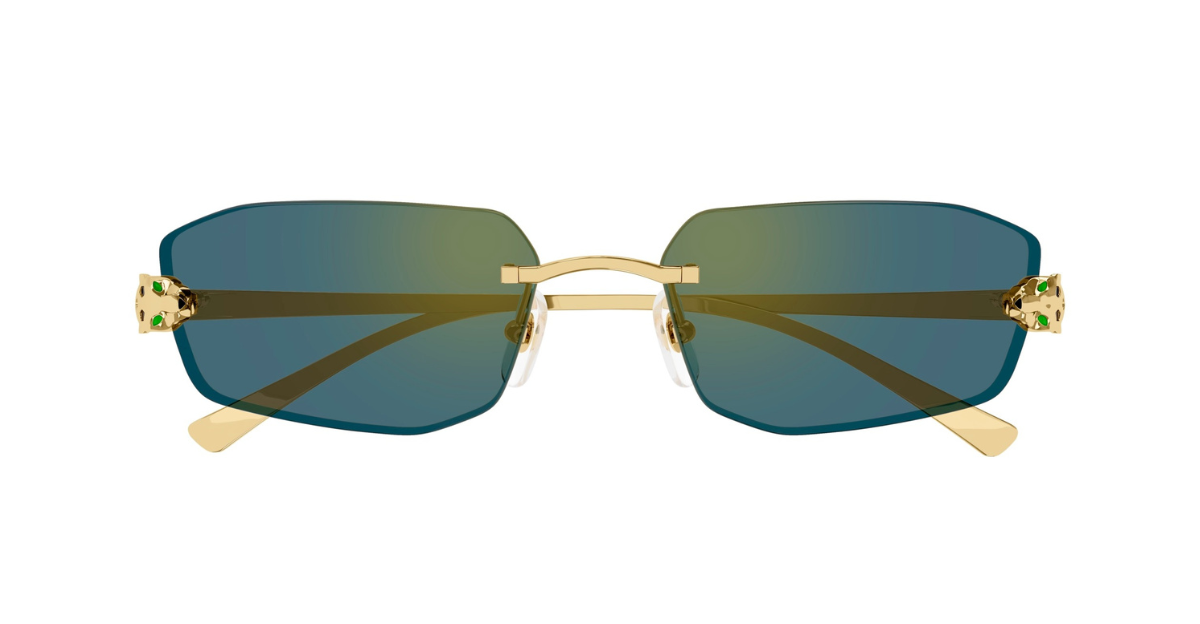 Cartier CT0474S | 003 Eckige Luxussonnenbrille mit goldenem Rahmen und grünen Gläsern