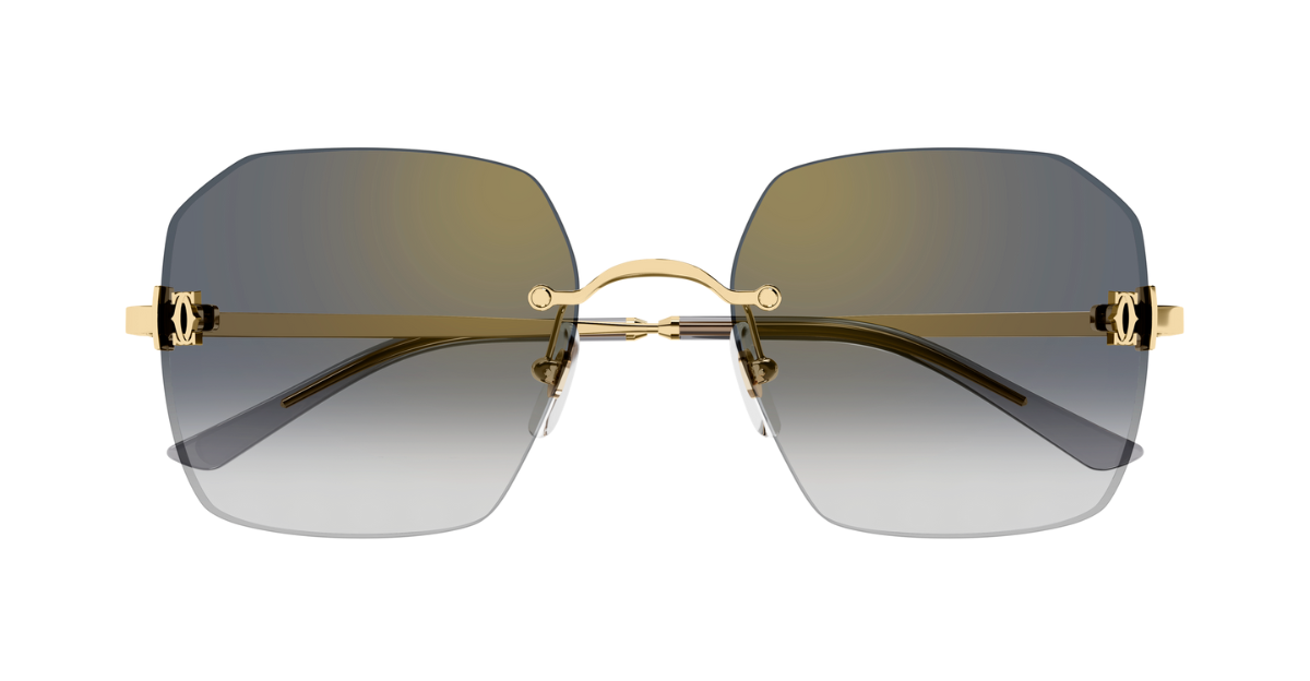 Cartier CT0591S 001 Rahmenlose Luxus-Sonnebrille in Gold mit grauen verspiegelten Gläsern