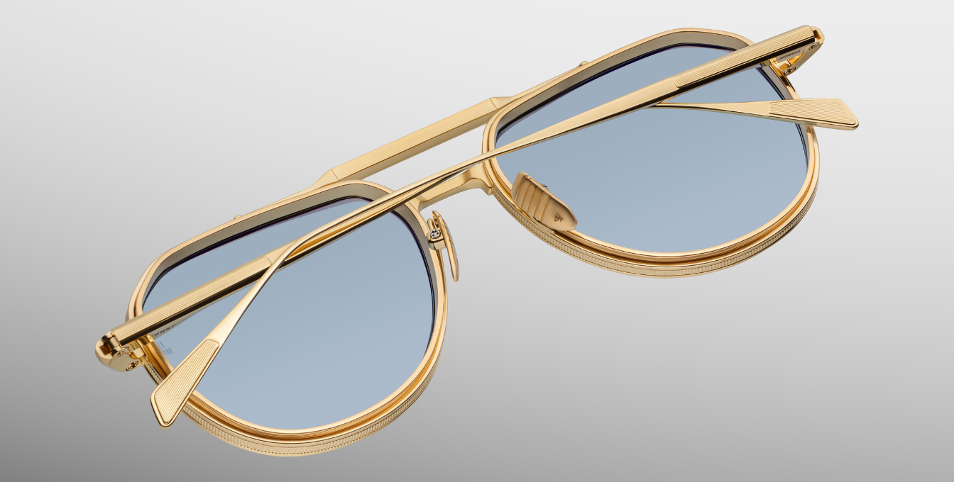Jacques Marie Mage Commander Ciel Luxus-Sonnenbrille – handgefertigt in Japan mit goldener Fassung und blauen Gläsern