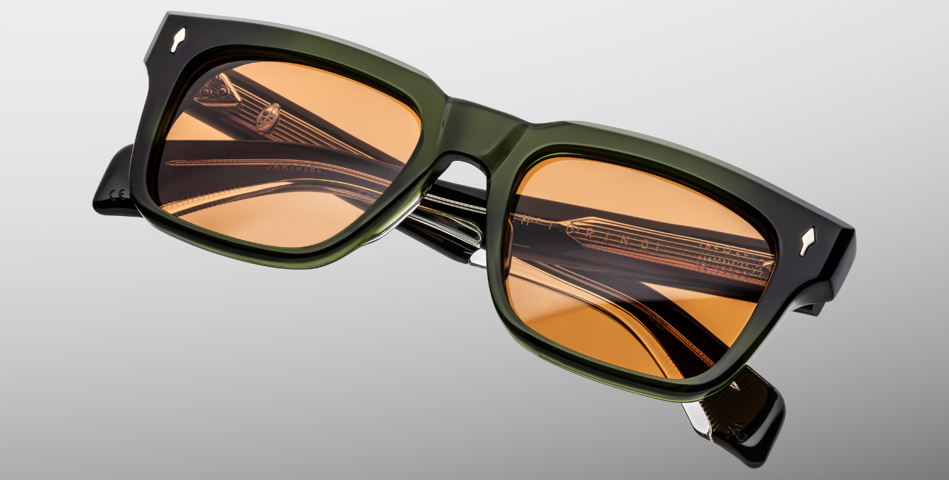 Jacques Marie Mage Torino Borneo - Luxussonnenbrille, handgemacht in Japan mit grünem Bügel und orangenen Gläsern