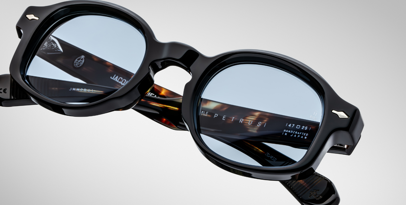 Jacques Marie Mage Petrus Noir - Luxussonnenbrille, handgemacht in Japan mit schwarzem Bügel und blauen Gläsern