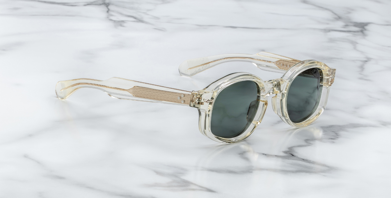 Jacques Marie Mage Petrus Brut - Luxussonnenbrille, handgemacht in Japan mit transparentem Bügel und grünen Gläsern