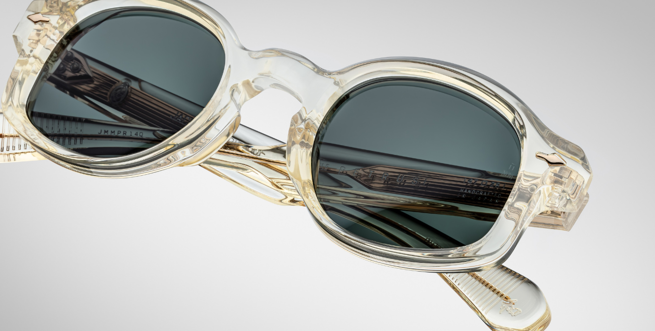 Jacques Marie Mage Petrus Brut - Luxussonnenbrille, handgemacht in Japan mit transparentem Bügel und grünen Gläsern