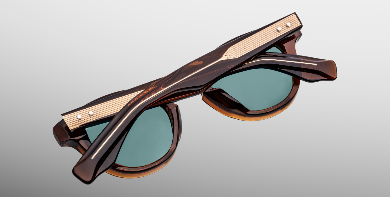 Jacques Marie Mage Clemens Hickory - Luxussonnenbrille, handgemacht in Japan mit braunem Bügel und türkisen Gläsern