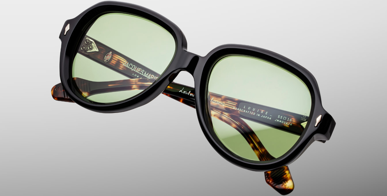 Jacques Marie Mage Louise Londres - Aviatorförmige limitierte Luxussonnenbrille, handgefertigt in Japan mit schwarzen Bügeln und Deep Grass Gläsern. 