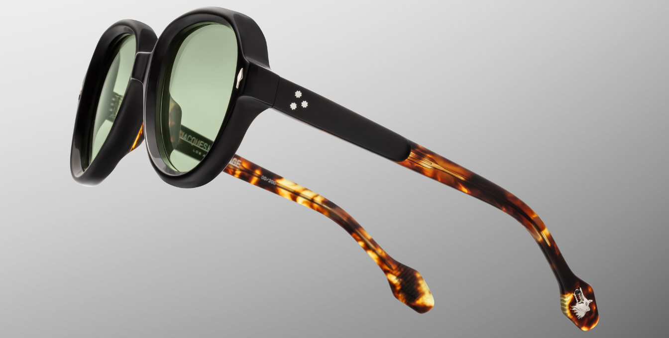 Jacques Marie Mage Louise Londres - Aviatorförmige limitierte Luxussonnenbrille, handgefertigt in Japan mit schwarzen Bügeln und Deep Grass Gläsern. 
