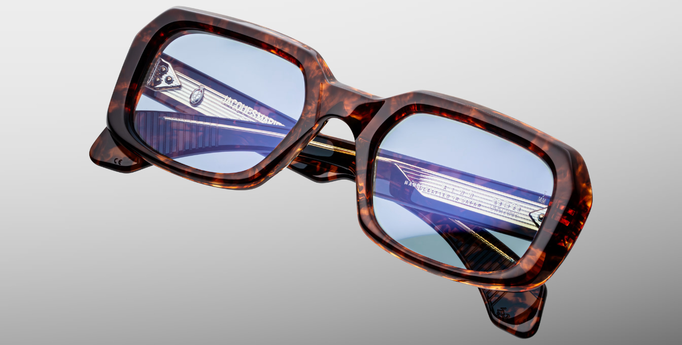 Jacques Marie Mage Aldo Argyle - Luxus-Sonnenbrille handgefertigt in Japan mit braunem Rahmen und blauen Gläsern in Eckig 