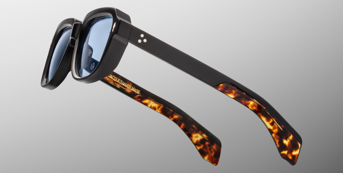 Jacques Marie Mage Taos Noir - Eckige Luxussonnenbrille mit weinroter Rahmen und blauen Gläsern 
