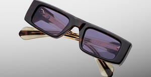 Jacques Marie Mage Rimbaud Beau - Eckige Luxussonnenbrille mit braunem Rahmen und lila Gläsern