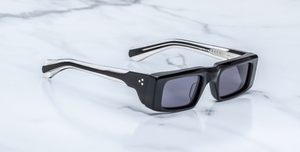 Jacques Marie Mage Rimbaud Titan - Eckige Luxussonnenbrille mit schwarzem Rahmen und grau-lila Gläsern