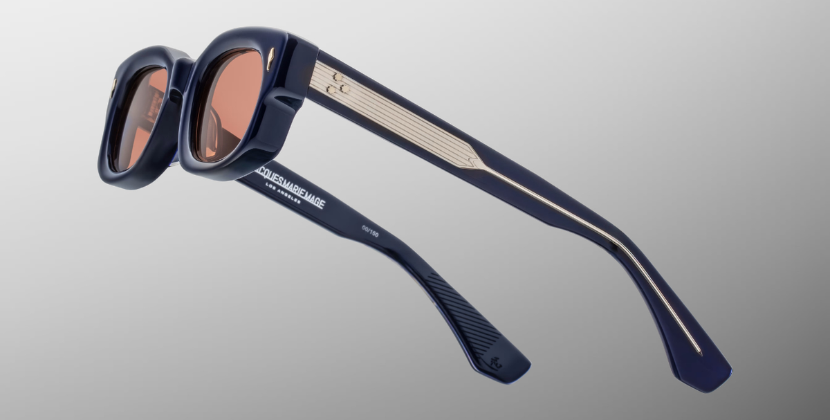Rechteckige Jacques Marie Mage Whiskeyclone Minuit - Luxussonnenbrille mit blauem Rahmen und rot braunen Gläsern