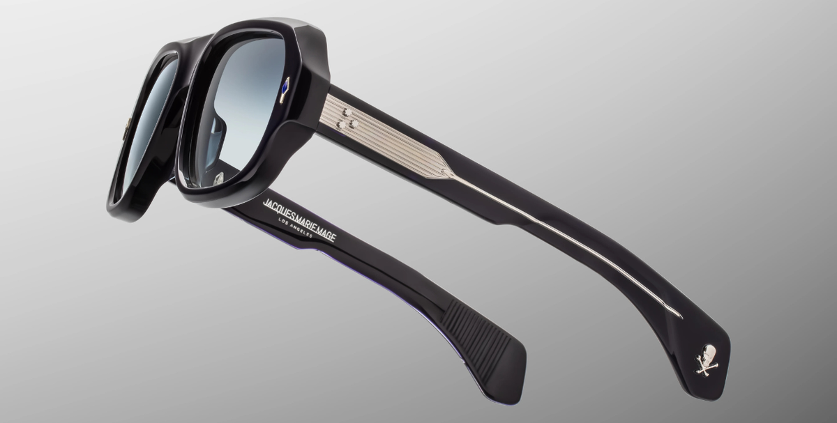 Rechteckige Jacques Marie Mage - Genetic Space Child | Bunker77 | Regal - Luxussonnenbrille mit schwarzem Rahmen und blauen Gläsern