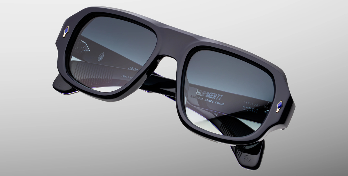 Rechteckige Jacques Marie Mage - Genetic Space Child | Bunker77 | Regal - Luxussonnenbrille mit schwarzem Rahmen und blauen Gläsern