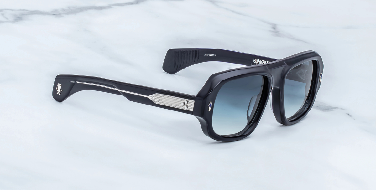 Rechteckige Jacques Marie Mage - Genetic Space Child | Bunker77 | Regal - Luxussonnenbrille mit schwarzem Rahmen und blauen Gläsern