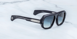 Rechteckige Jacques Marie Mage - Genetic Space Child | Bunker77 | Regal - Luxussonnenbrille mit schwarzem Rahmen und blauen Gläsern