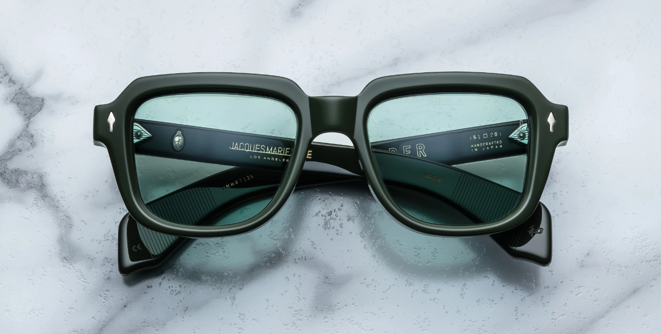 Jacques Marie Mage Taos Evergreen Eckige Luxussonnebrille mit grünem Rahmen und grünen Gläsern