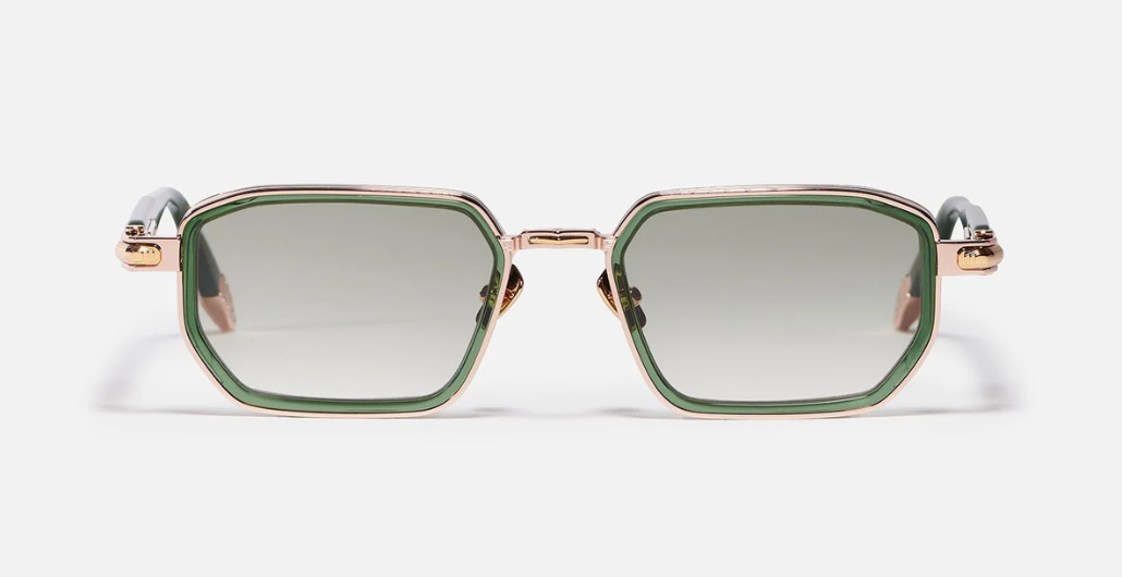 John Dalia Miles | C432 - Luxussonnenbrille mit rosegoldenem Rahmen und grünen Gläsern.