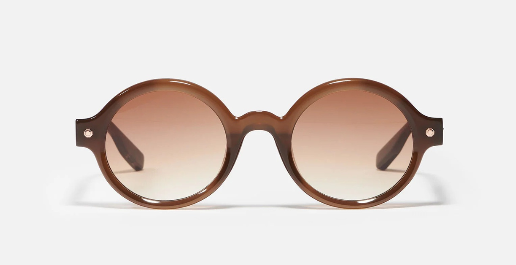John Dalia P13 | C155 - Luxussonnenbrille mit Roségold braunen Rahmen und grauen Gläsern.