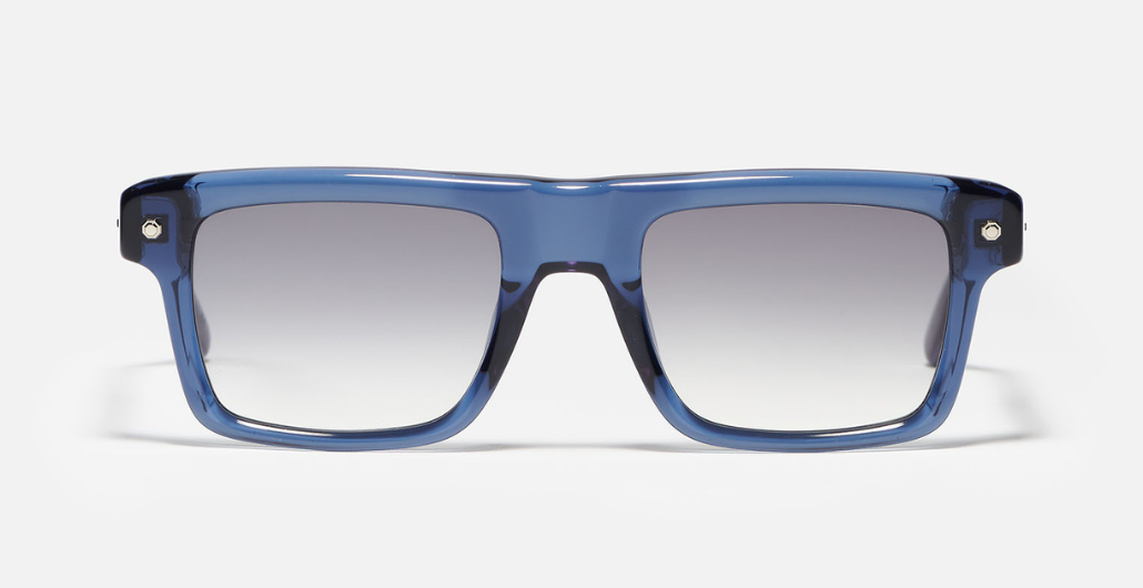John Dalia P18 | C136 - Luxussonnenbrille mit blauem Rahmen und grauen Gläsern.