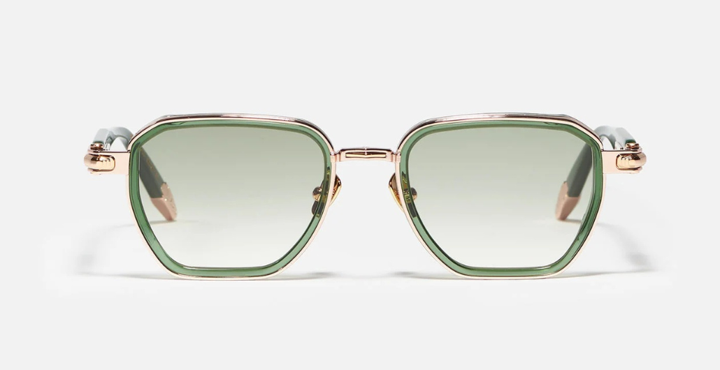 John Dalia Richy | C432 - Luxussonnenbrille mit roségoldenem Rahmen und grünen Gläsern, eckigen Gläsern aus Titan&amp;Acetat