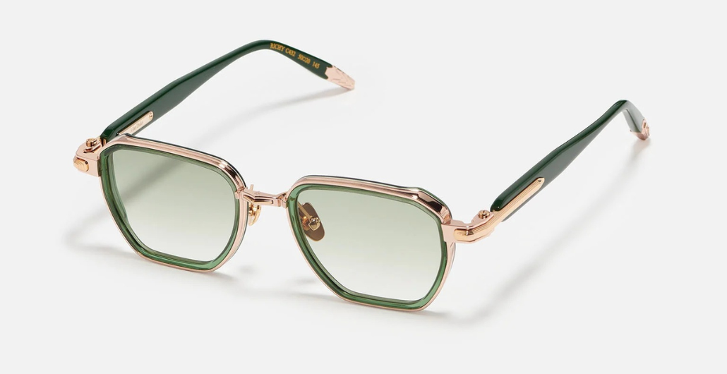 John Dalia Richy | C432 - Luxussonnenbrille mit roségoldenem Rahmen und grünen Gläsern, eckigen Gläsern aus Titan&amp;Acetat