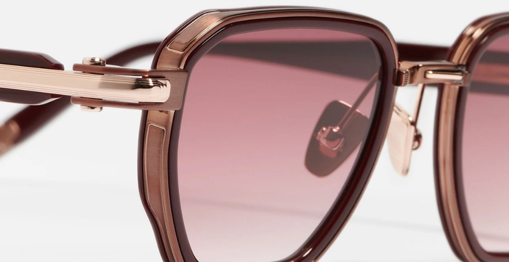 John Dalia Richy | C460 - Luxussonnenbrille mit roségoldenem Rahmen und rot Gläsern, eckige Gläser aus Acetat &amp; Titan
